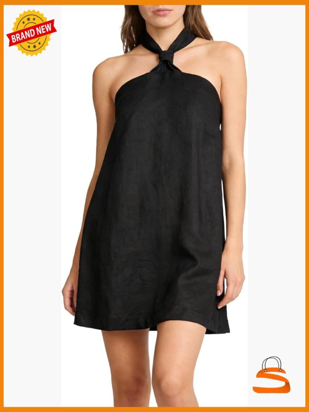 100% Linen Mini Dress Halter Tie Neck Backless Sleeveless Summer Party